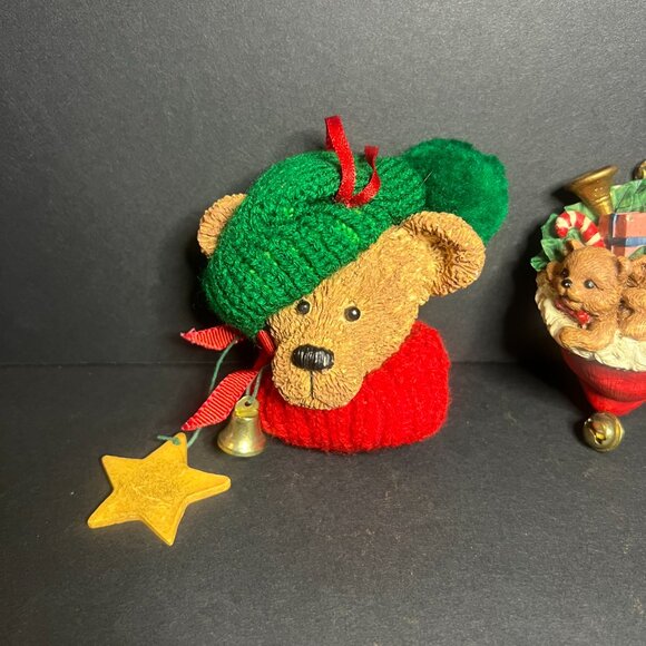 VTG Lot of 3 Ceramic & Wooden Bear Stocking & Riding Horse Christmas Ornaments - Picture 2 of 10